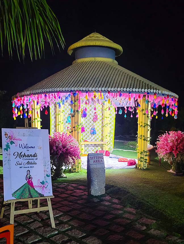 Decorated Mehendi ceremony gazebo at Go Ranch Resort – destination wedding venue near Hyderabad