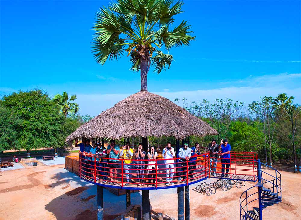 Guests enjoying a celebration on the elevated tree deck at Go Ranch Resort, surrounded by nature—ideal for birthdays, proposals, and intimate moments near Hyderabad