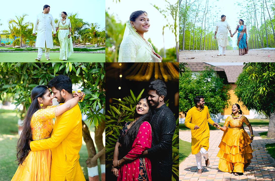 Series of couples enjoying pre-wedding shoots at Go Ranch Resort — a luxury wedding venue near Hyderabad, perfect for dream weddings.